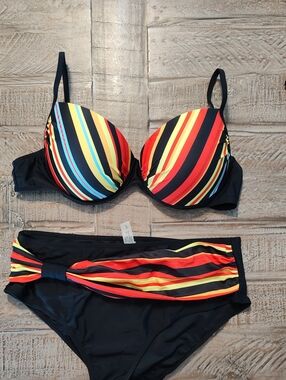 Black Multicolor Stripe Padded Underwire Bikini Set Size XL